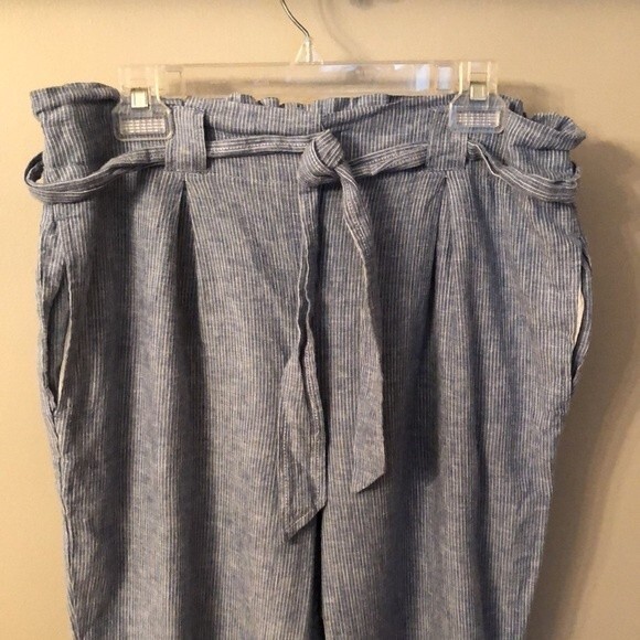 MAX STUDIO SIZE LARGE BLUE PINSTRIPE PAPERBAG WAIST RELAXED LINEN BLEND PANTS - Picture 2 of 7